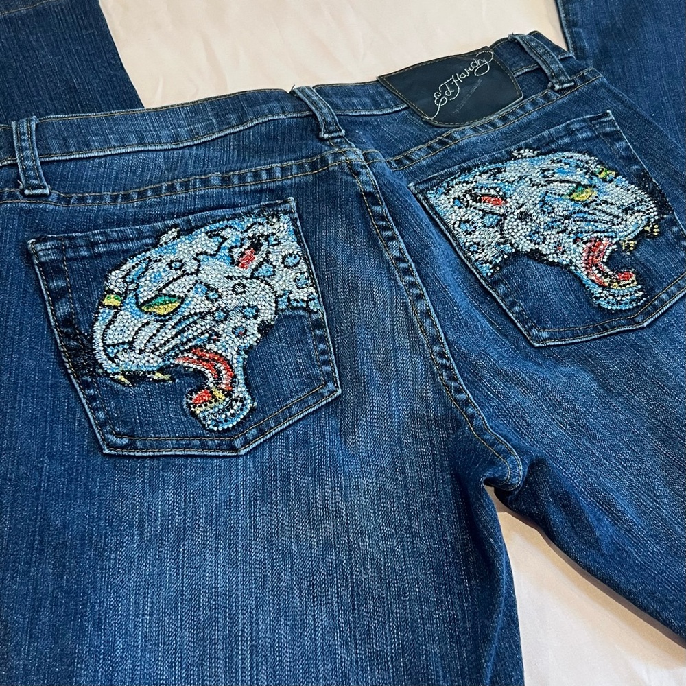 Y2K Vintage Ed Hardy Low Rise Jeans Bootcut Rhinestone Tiger Dark Wash Size